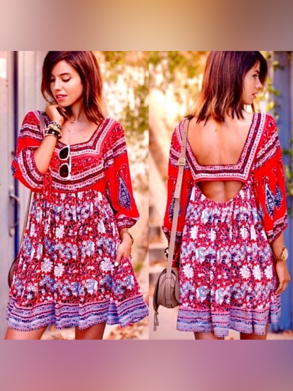 Free People Midsummers Dream Red Floral Boho Mini Dress with Open Back Medium